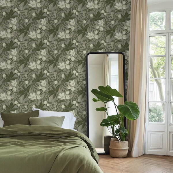 Carta da parati Gigli pallidi e fogliame su sfondo grigio-oliva, Parati fiori e piante classici, a00854 : Uwalls.it