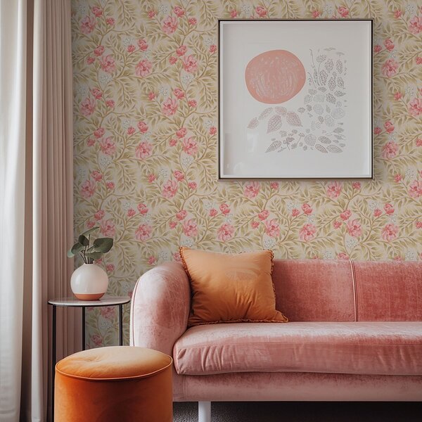Carta da parati Fiori rosa, boccioli bianchi e fogliame dai toni ocra, Parati fiori e piante classici, a00855 : Uwalls.it