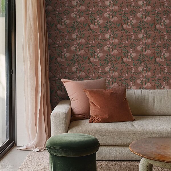 Carta da parati Pesche sui rami con fiori rosa, terreno color terracotta, Parati fiori e piante classici, a00856 : Uwalls.it