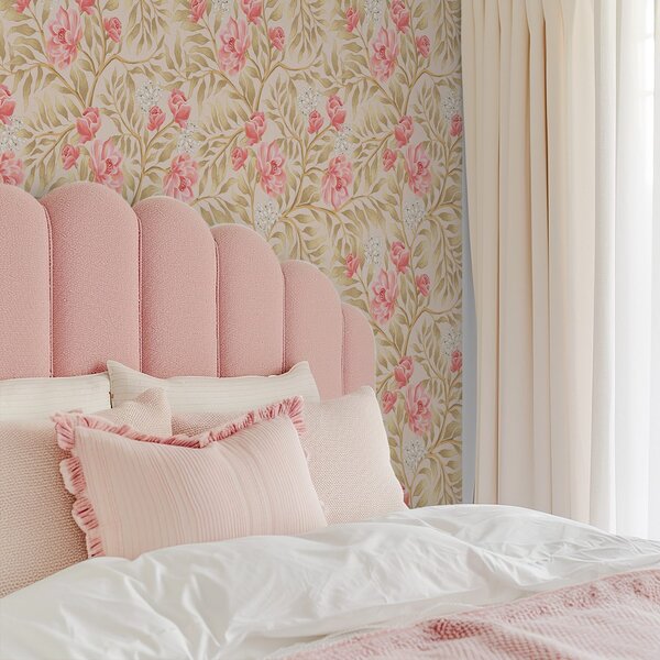 Carta da parati Fiori rosa, boccioli bianchi e fogliame dai toni ocra, Parati fiori e piante classici, a00855 : Uwalls.it