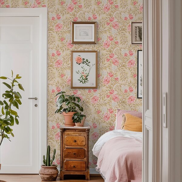 Carta da parati Fiori rosa, boccioli bianchi e fogliame dai toni ocra, Parati fiori e piante classici, a00855 : Uwalls.it
