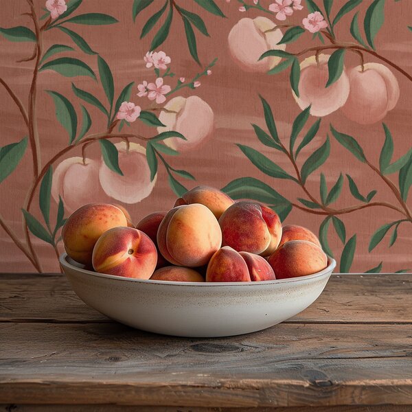 Carta da parati Pesche sui rami con fiori rosa, terreno color terracotta, Parati fiori e piante classici, a00856 : Uwalls.it