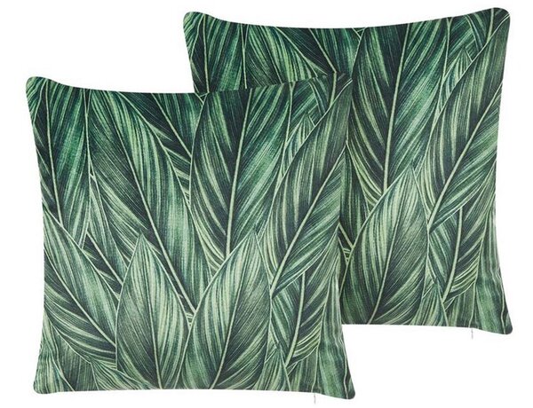 Set di 2 cuscini decorativi velluto verde 45 x 45 cm motivo a foglie Stampa floreale Cuscini sfoderabili Chiusura lampo boho moderno Beliani
