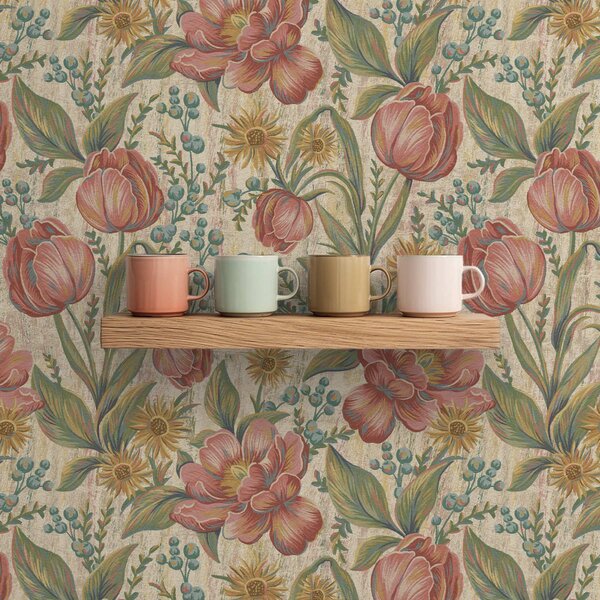 Carta da parati Tulipani e astri vintage, fondo color crema testurizzato, Parati fiori e piante classici, a00773 : Uwalls.it