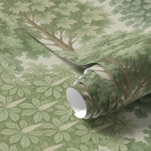Carta da parati Giardino alberato nei toni tenui del verde su sfondo chiaro, Parati fiori e piante classici, a00775 : Uwalls.it