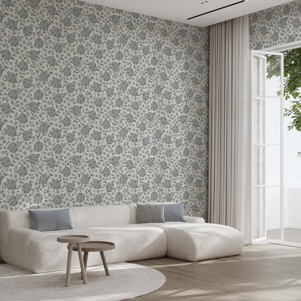 Carta da parati Fiori e foglie cespugliosi in una palette di colori grigio-blu, Parati fiori e piante classici, a00778 : Uwalls.it