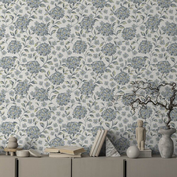 Carta da parati Fiori e foglie cespugliosi in una palette di colori grigio-blu, Parati fiori e piante classici, a00778 : Uwalls.it