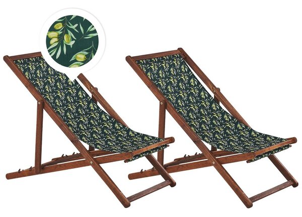 Set di 2 sedie a sdraio da giardino con struttura in legno di acacia scuro motivo ulivi in tessuto amaca sedile reclinabile pieghevole Tele di Sostituzione Beliani