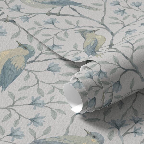 Carta da parati Uccelli sui rami, schema grigio-blu, Parati fiori e piante classici, a00782 : Uwalls.it