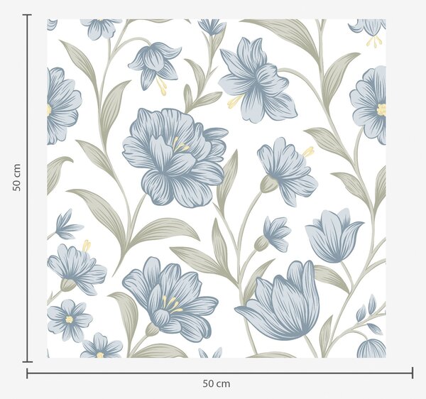 Carta da parati Fiori blu polverosi con foglie di olivo su sfondo bianco, Parati fiori e piante classici, a00780 : Uwalls.it