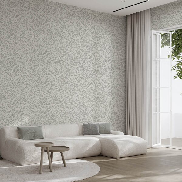 Carta da parati Rami con foglie e bacche, crema chiara e salvia, Parati fiori e piante classici, a00783 : Uwalls.it