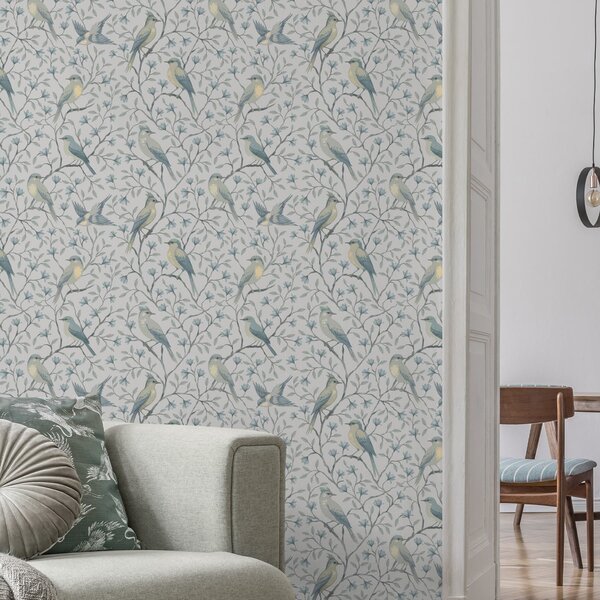 Carta da parati Uccelli sui rami, schema grigio-blu, Parati fiori e piante classici, a00782 : Uwalls.it