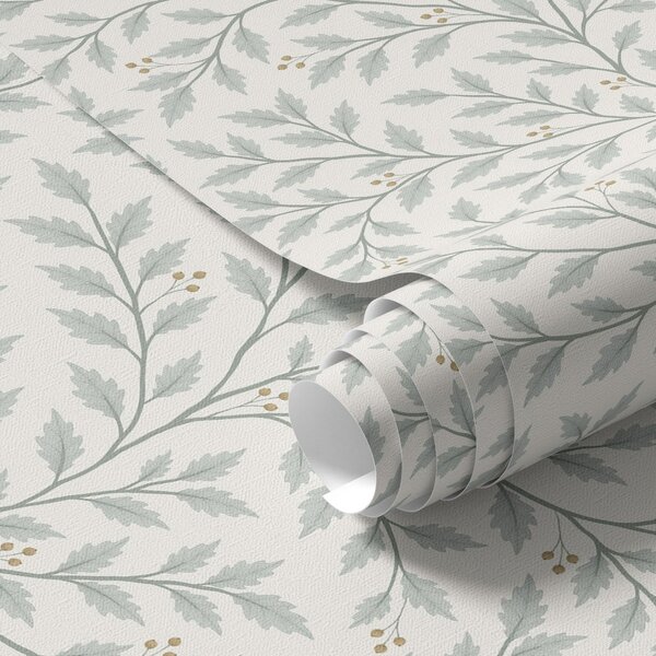 Carta da parati Rami con foglie e bacche, crema chiara e salvia, Parati fiori e piante classici, a00783 : Uwalls.it
