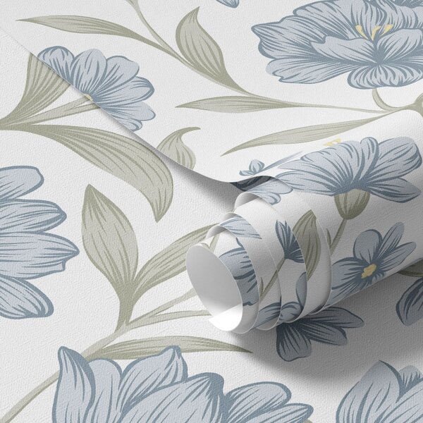 Carta da parati Fiori blu polverosi con foglie di olivo su sfondo bianco, Parati fiori e piante classici, a00780 : Uwalls.it
