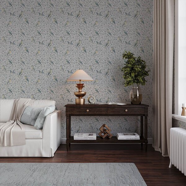 Carta da parati Uccelli sui rami, schema grigio-blu, Parati fiori e piante classici, a00782 : Uwalls.it