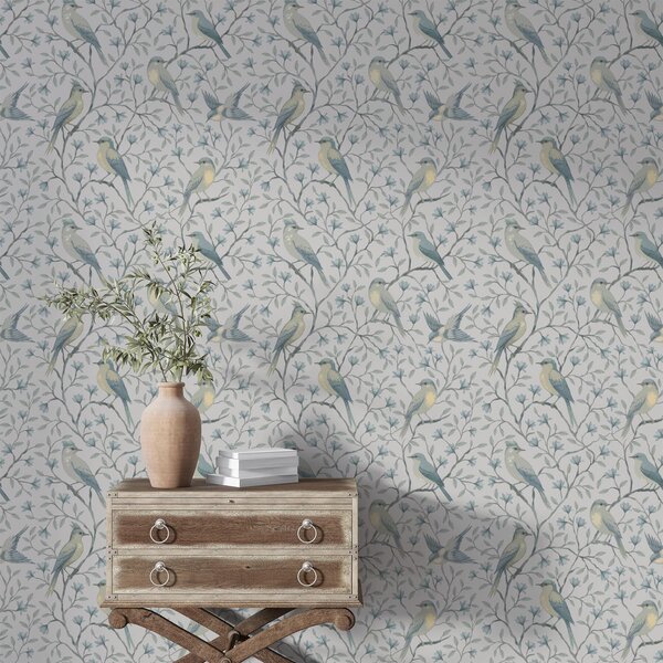 Carta da parati Uccelli sui rami, schema grigio-blu, Parati fiori e piante classici, a00782 : Uwalls.it