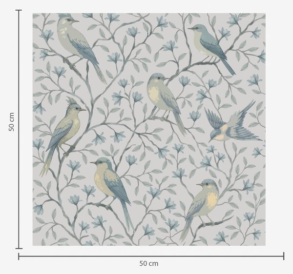 Carta da parati Uccelli sui rami, schema grigio-blu, Parati fiori e piante classici, a00782 : Uwalls.it