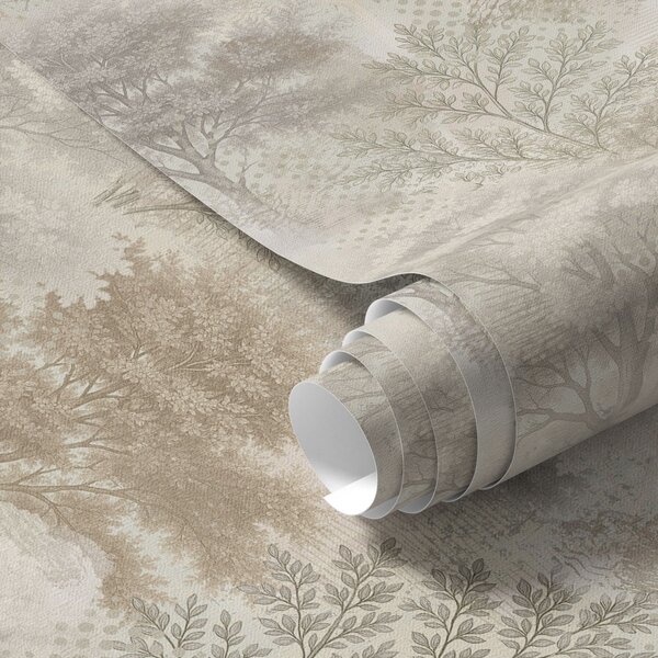Carta da parati Foresta delicata nella nebbia, morbidi toni beige-grigio, Parati foresta classici, Parati classici Bosco Alberi, a00785 : Uwalls.it