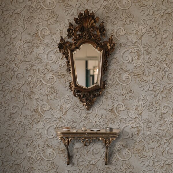 Carta da parati Rilievo in pietra con volute floreali, beige vintage, Parati fiori e piante classici, a00784 : Uwalls.it