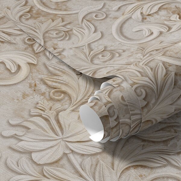 Carta da parati Rilievo in pietra con volute floreali, beige vintage, Parati fiori e piante classici, a00784 : Uwalls.it