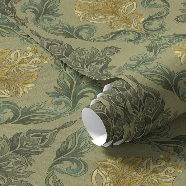 Carta da parati Damasco con volute vegetali, palette ocra oliva, Parati stile orientale classici, a00828 : Uwalls.it