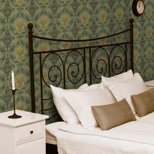 Carta da parati Damasco con volute vegetali, palette ocra oliva, Parati stile orientale classici, a00828 : Uwalls.it