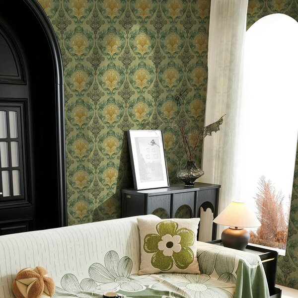 Carta da parati Damasco con volute vegetali, palette ocra oliva, Parati stile orientale classici, a00828 : Uwalls.it