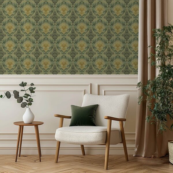 Carta da parati Damasco con volute vegetali, palette ocra oliva, Parati stile orientale classici, a00828 : Uwalls.it