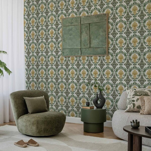 Carta da parati Damasco con volute verdi su fondo chiaro, Parati stile orientale classici, a00828v1 : Uwalls.it