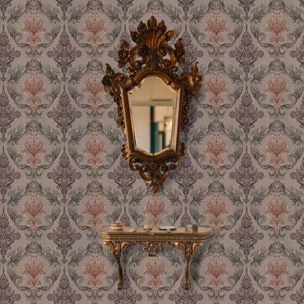 Carta da parati Damasco in tonalità marrone-terracotta, sfondo grigio caldo, Parati stile orientale classici, a00828v2 : Uwalls.it