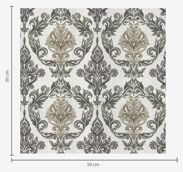 Carta da parati Damasco su fondo chiaro, accenti color bronzo oliva, Parati stile orientale classici, a00828v6 : Uwalls.it