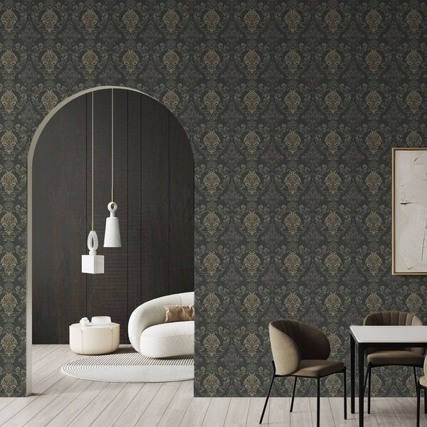 Carta da parati Damasco su fondo grafite scuro, accenti color ocra oliva, Parati stile orientale classici, a00828v5 : Uwalls.it