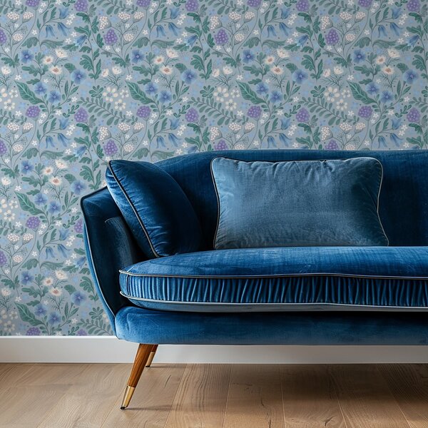 Carta da parati Fiori selvatici e bacche su sfondo grigio-blu, Parati fiori e piante classici, a00849v1 : Uwalls.it