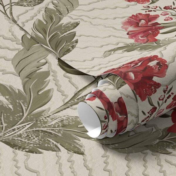 Carta da parati Grandi peonie rosse su sfondo grafico, fondo color crema, Parati fiori e piante classici, a00857 : Uwalls.it