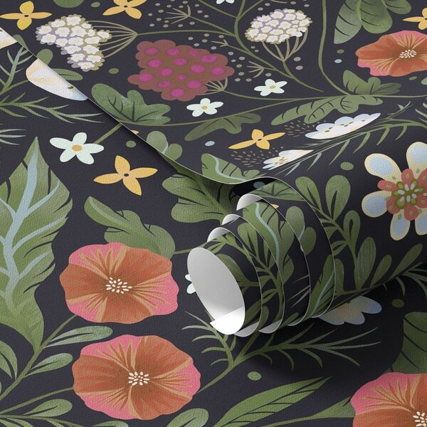 Carta da parati Fiori selvatici e bacche su sfondo nero intenso, Parati fiori e piante classici, a00849v3 : Uwalls.it