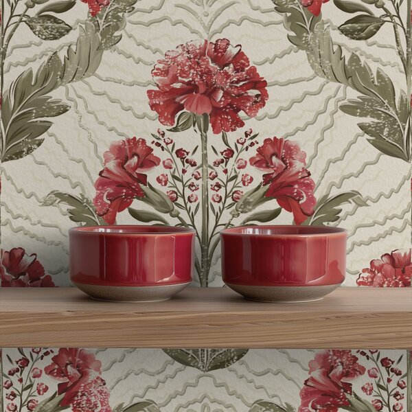 Carta da parati Grandi peonie rosse su sfondo grafico, fondo color crema, Parati fiori e piante classici, a00857 : Uwalls.it