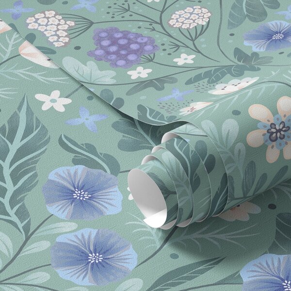 Carta da parati Fiori selvatici e bacche su sfondo color menta chiaro, Parati fiori e piante classici, a00849 : Uwalls.it