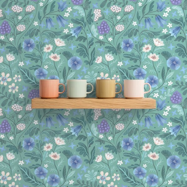 Carta da parati Fiori selvatici e bacche su sfondo color menta chiaro, Parati fiori e piante classici, a00849 : Uwalls.it