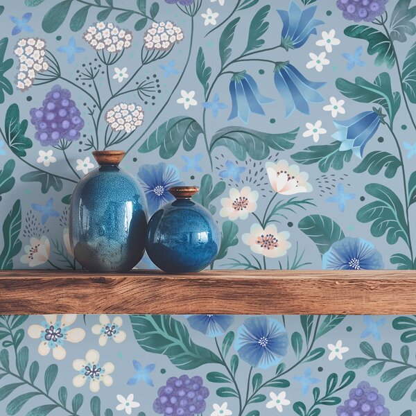 Carta da parati Fiori selvatici e bacche su sfondo grigio-blu, Parati fiori e piante classici, a00849v1 : Uwalls.it