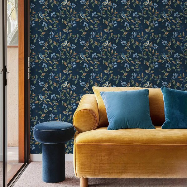 Carta da parati Tette sui rami, sfondo blu notte con scintille, Parati fiori e piante classici, a00858 : Uwalls.it