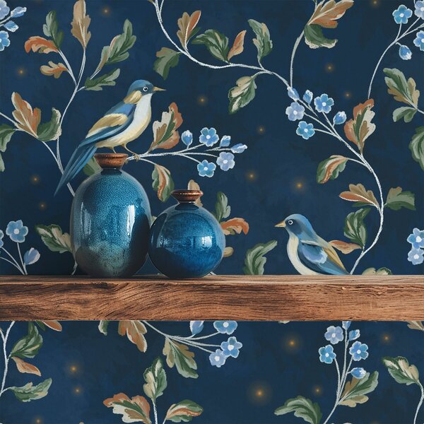 Carta da parati Tette sui rami, sfondo blu notte con scintille, Parati fiori e piante classici, a00858 : Uwalls.it