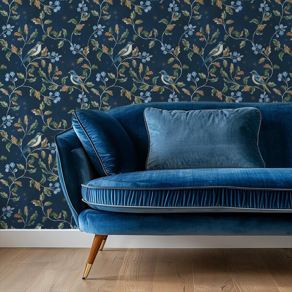 Carta da parati Tette sui rami, sfondo blu notte con scintille, Parati fiori e piante classici, a00858 : Uwalls.it