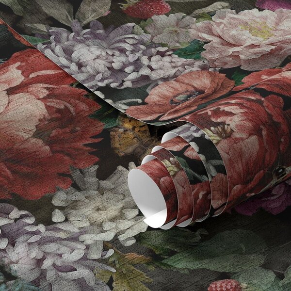 Carta da parati Peonie scure e drammatiche, bacche e farfalla su sfondo nero, Parati fiori e piante classici, a00862 : Uwalls.it