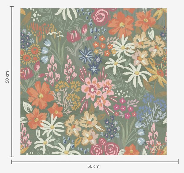 Carta da parati Fiori di campo dipinti su sfondo verde salvia, Parati fiori e piante classici, a00864 : Uwalls.it
