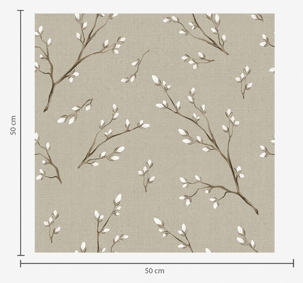 Carta da parati Ramoscelli con boccioli bianchi su sfondo lino color tortora, Parati fiori e piante classici, a00861 : Uwalls.it