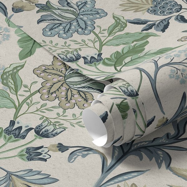Carta da parati Fiori e foglie blu-verde su sfondo crema, Parati fiori e piante classici, a00863 : Uwalls.it