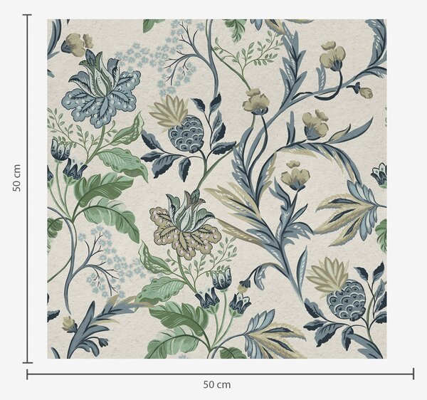 Carta da parati Fiori e foglie blu-verde su sfondo crema, Parati fiori e piante classici, a00863 : Uwalls.it