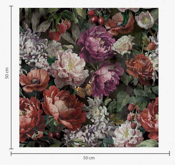 Carta da parati Peonie scure e drammatiche, bacche e farfalla su sfondo nero, Parati fiori e piante classici, a00862 : Uwalls.it