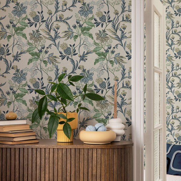 Carta da parati Fiori e foglie blu-verde su sfondo crema, Parati fiori e piante classici, a00863 : Uwalls.it