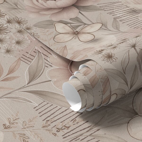 Carta da parati Motivi floreali color beige seppia con accenti lineari e farfalle, Parati fiori e piante classici, a00870 : Uwalls.it